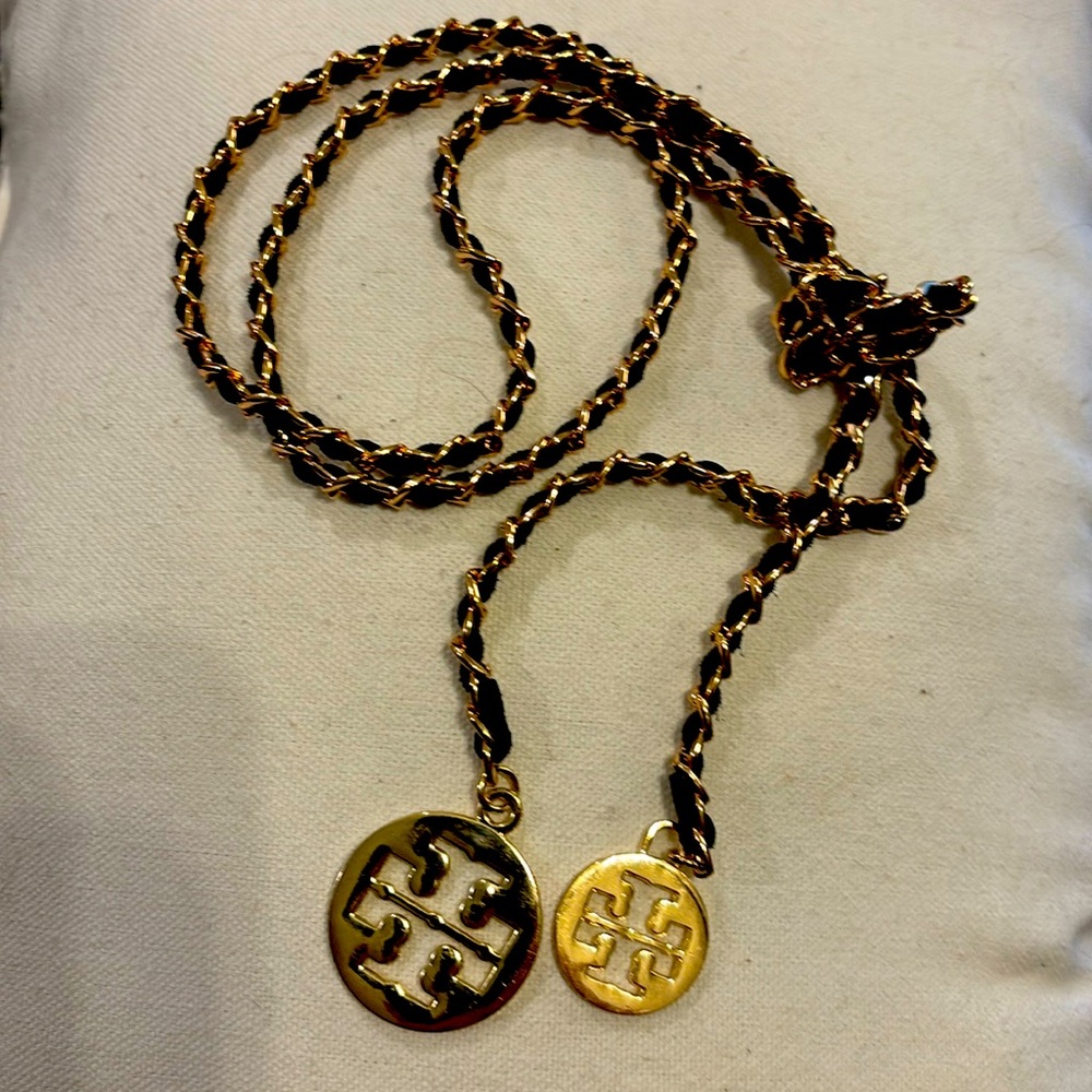 Tory Burch Black & Gold 44” Chain w/Gold Signature Medallions, Like New